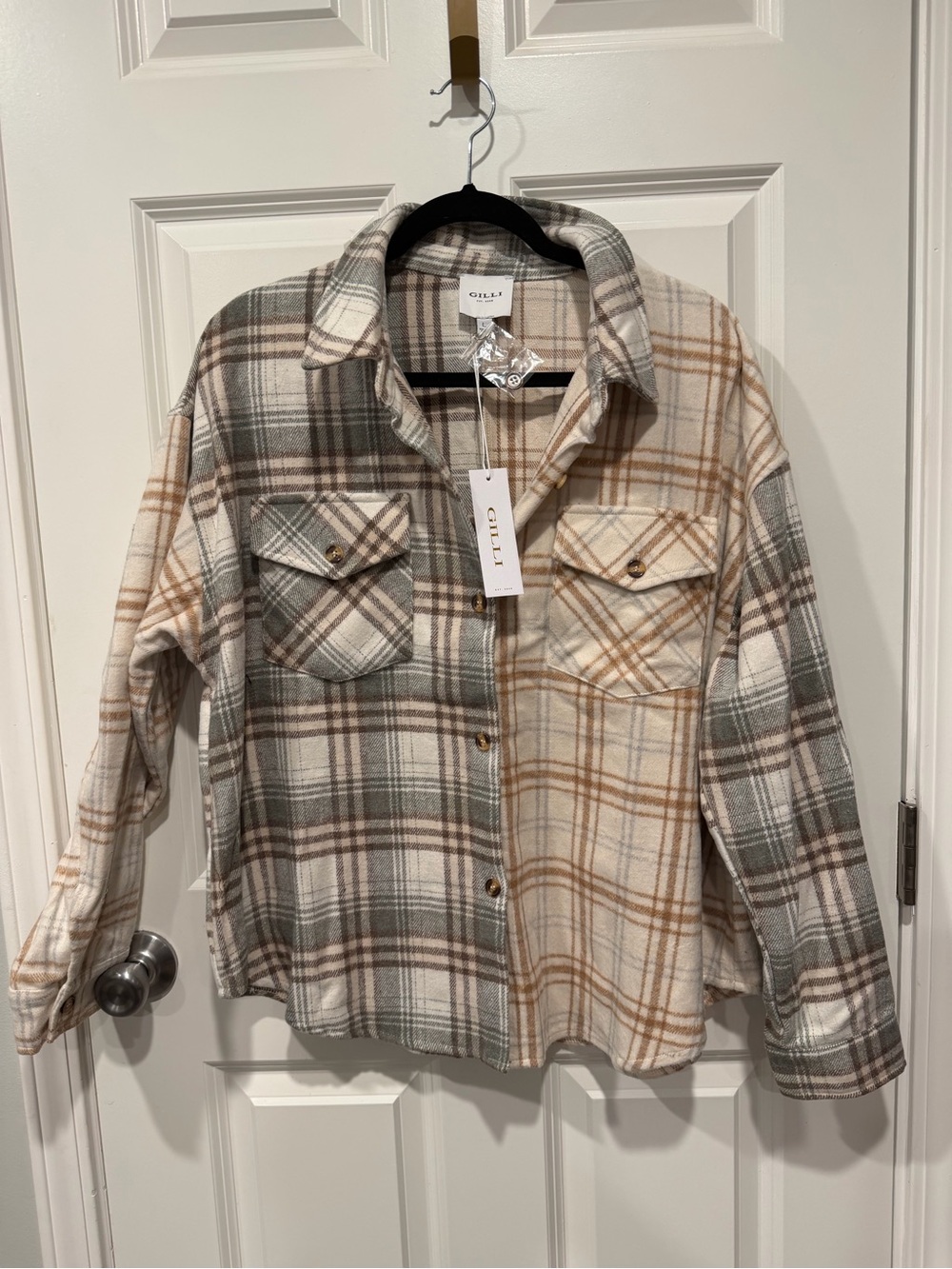 Gilli Oatmeal Plaid Shacket with Sage Green & Tan